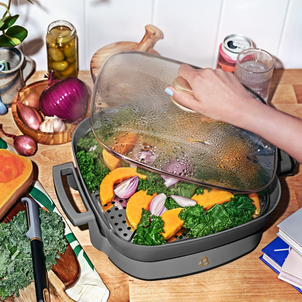 5 in 1 Electric Skillet - Expandable up to 7 Qt with Glass Lid, Oyster Grey by Drew Barrymore