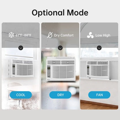6000 BTU Window Air Conditioner Cool to 250 Sq Ft Intelligent, Led,Remote Control, Easy to Clean Filter Screen, Can Be Used as a Dehumidifier/Fan, Operates Quietly, and Is Energy-Saving