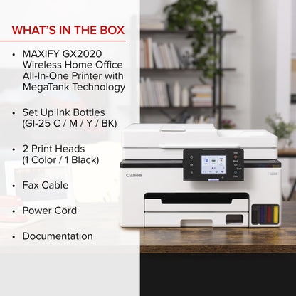 Canon Megatank MAXIFY GX2020 All-In-One Wireless Color Printer - Print, Copy, Scan with Duplex Printing - Refillable Tank System, Compact Desktop Design - Wireless Print Scan Copy for Home & Office