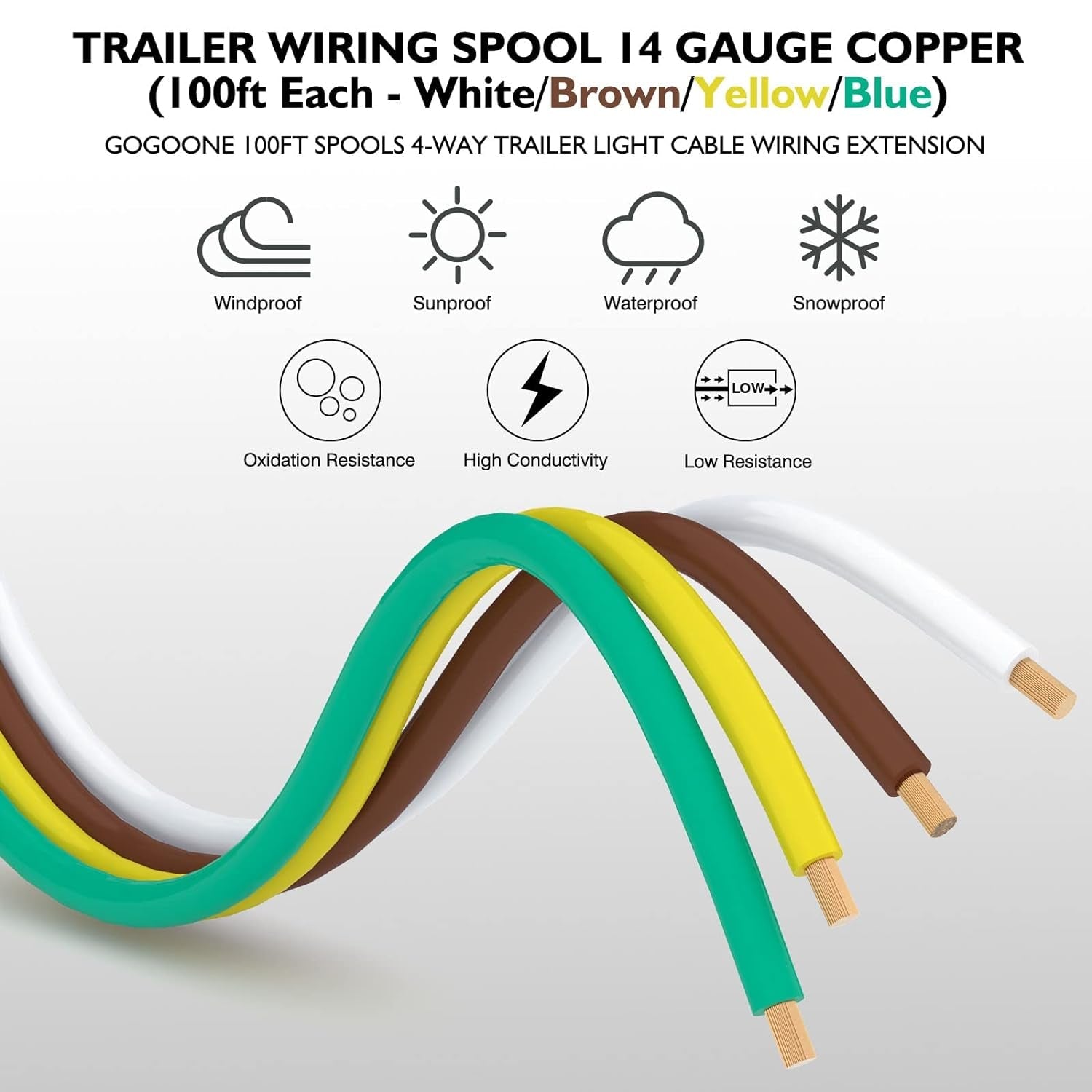 100Foot Bonded 4-Way Trailer RV Camper Towing Boat Wiring Harness Wire Spool, Primary 4-Wire 14 Gauge CCA Trailer RV Wire, Ideal for All Basic Wiring Needs(Green, Yellow, Brown, White)