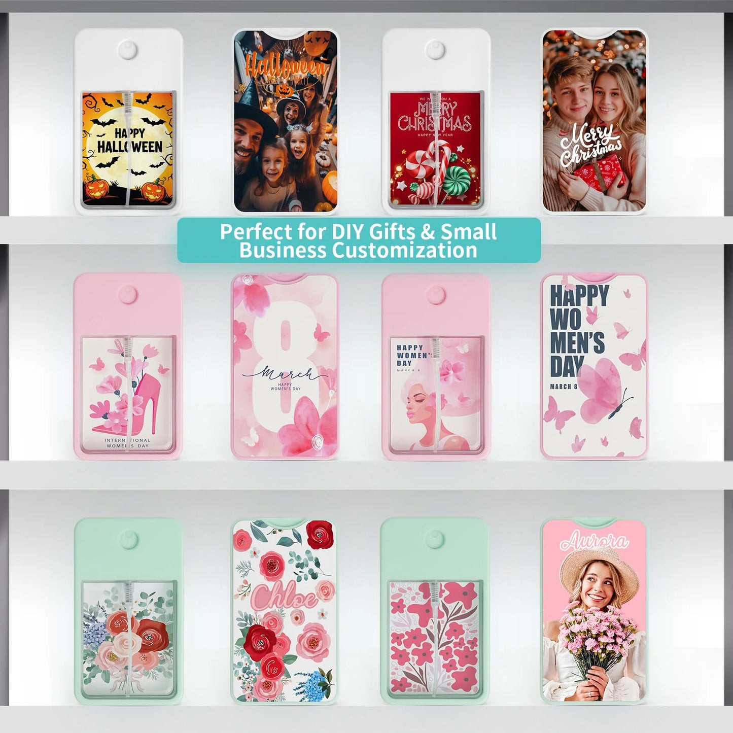 PYD Life Sublimation Blanks Card Perfume Spray Bottle 1FL. OZ 30 ml , Portable Refillable Travel Mist Sprayer with 16 PCS Double-Sided Sublimation Aluminum Sheets for Custom Design(2 options) 12 Pack & 96 Pack & 192 Pack