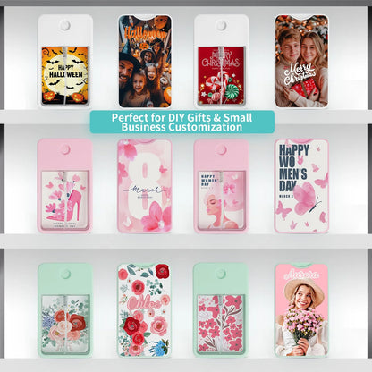 PYD Life Sublimation Blanks Card Perfume Spray Bottle 1FL. OZ 30 ml , Portable Refillable Travel Mist Sprayer with 16 PCS Double-Sided Sublimation Aluminum Sheets for Custom Design(2 options) 12 Pack & 96 Pack & 192 Pack
