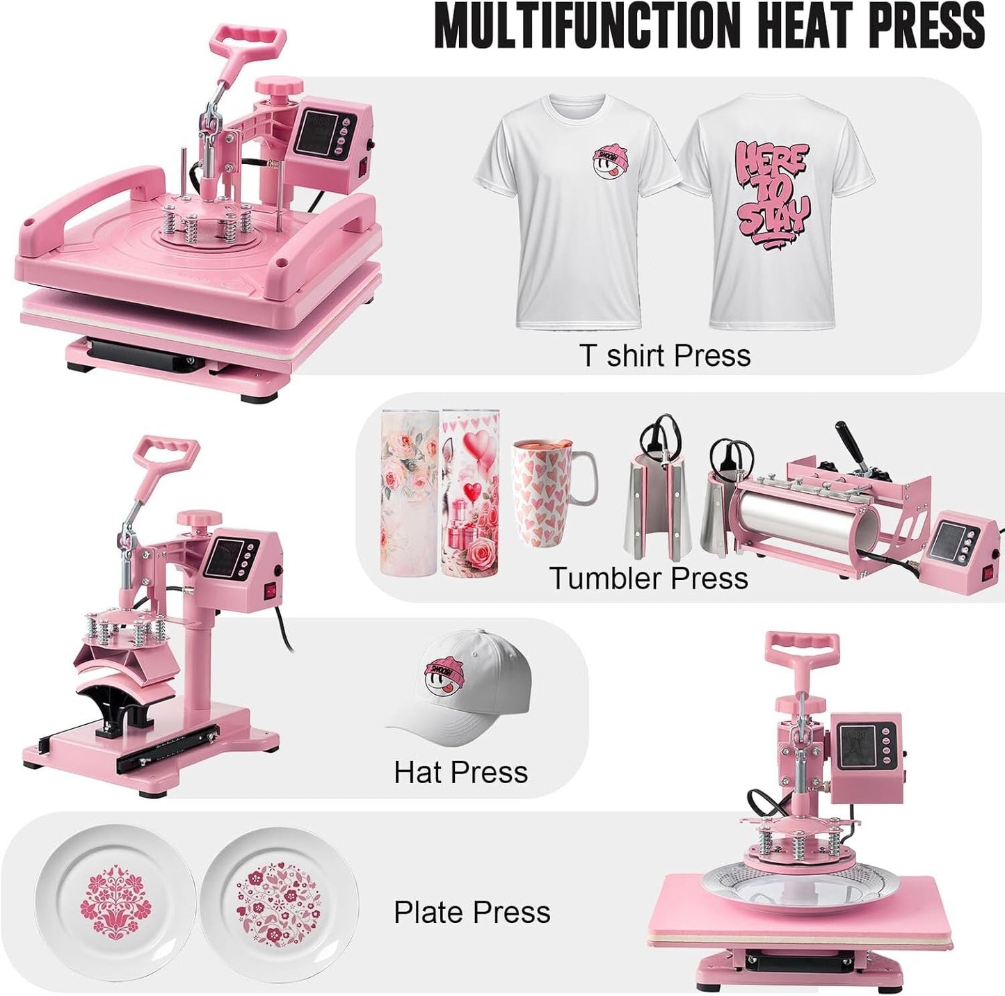 8IN1 Heat Press Machine 15"x15" Sublimation Transfer T-Shirt Mug Plate Hat Pink