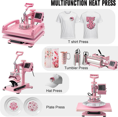 8IN1 Heat Press Machine 15"x15" Sublimation Transfer T-Shirt Mug Plate Hat Pink