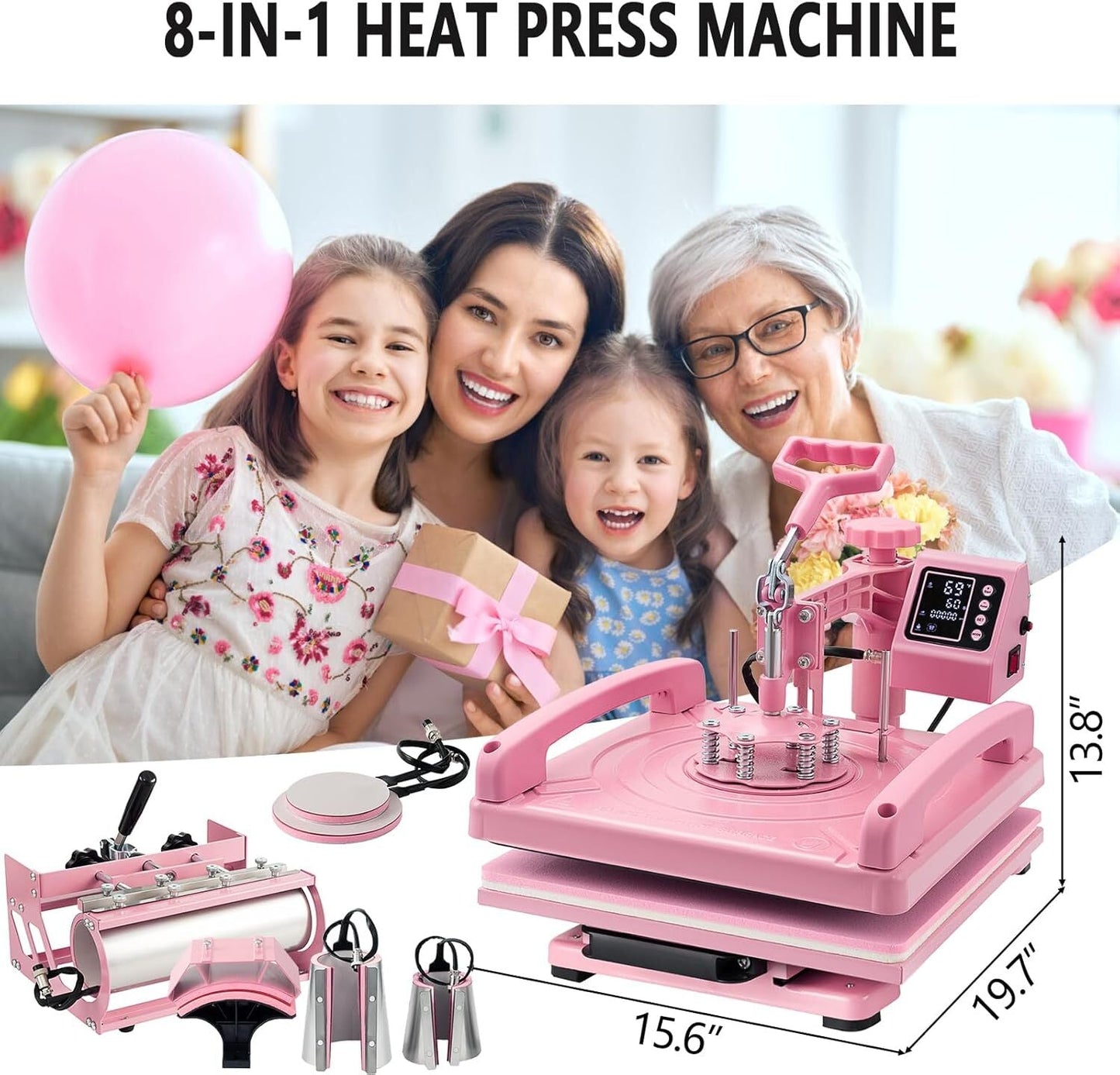 8IN1 Heat Press Machine 15"x15" Sublimation Transfer T-Shirt Mug Plate Hat Pink