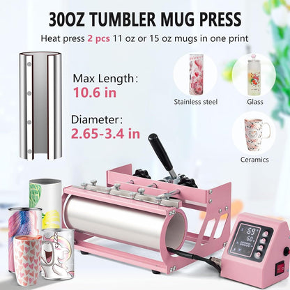 8IN1 Heat Press Machine 15"x15" Sublimation Transfer T-Shirt Mug Plate Hat Pink