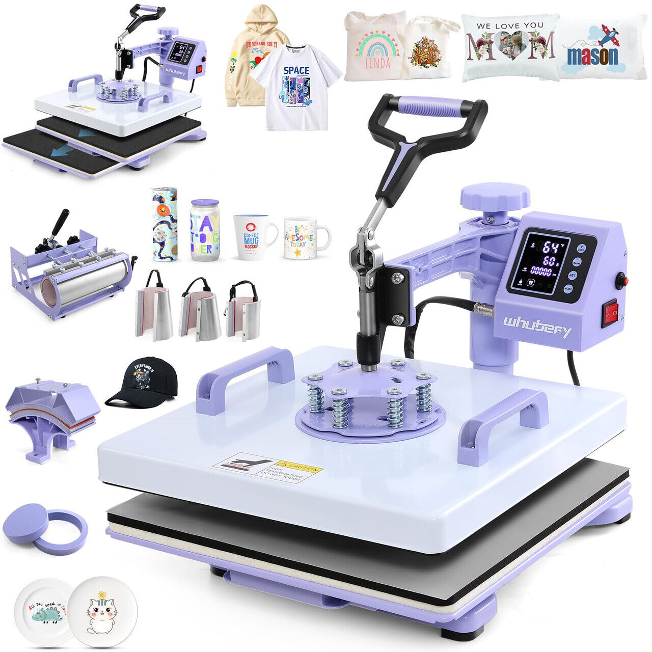 WHUBEFY Heat Press,8 in 1 Tshirt Printing Machine 15"x12" Digital Industrial Heat Transfer Machine,Sublimation Heat Press Machine for T Shirts/Mug/Cap/Plate/DIY (8 in 1 Heat Press(Purple))
