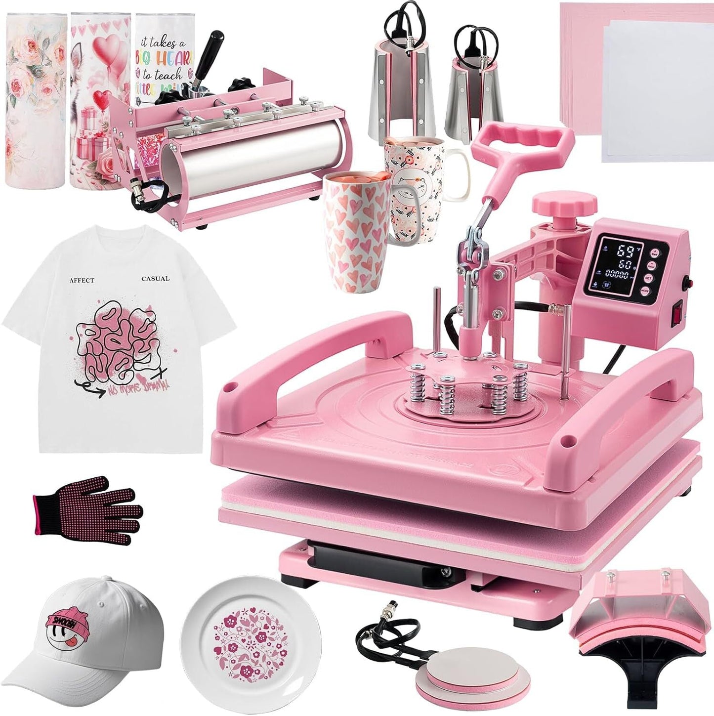 8IN1 Heat Press Machine 15"x15" Sublimation Transfer T-Shirt Mug Plate Hat Pink