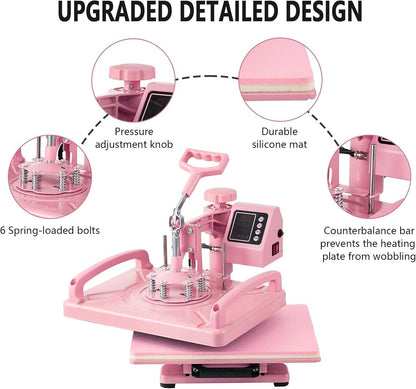 8IN1 Heat Press Machine 15"x15" Sublimation Transfer T-Shirt Mug Plate Hat Pink