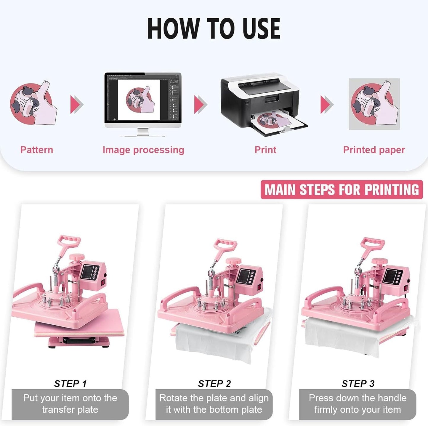8IN1 Heat Press Machine 15"x15" Sublimation Transfer T-Shirt Mug Plate Hat Pink