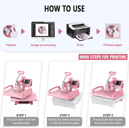 8IN1 Heat Press Machine 15"x15" Sublimation Transfer T-Shirt Mug Plate Hat Pink