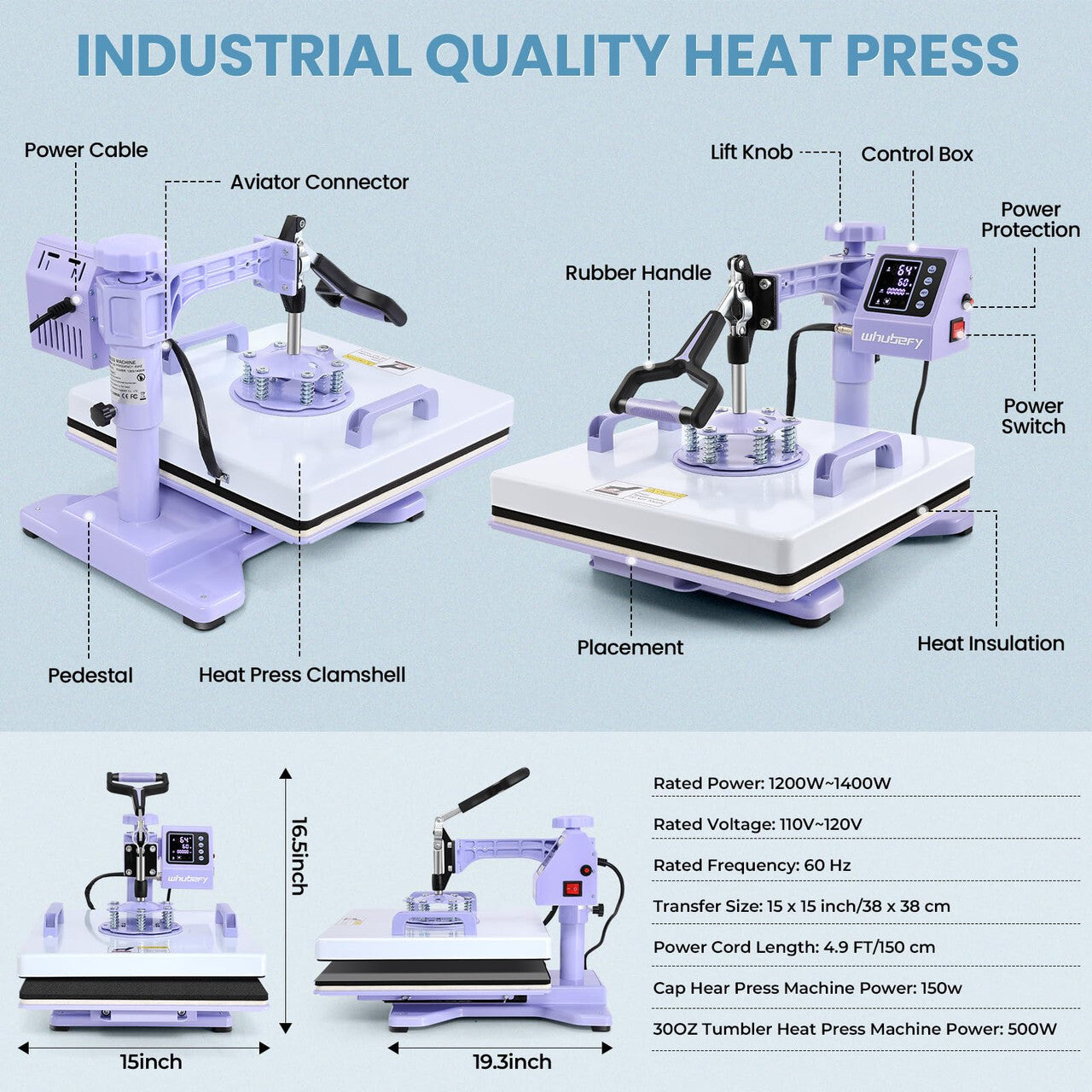 WHUBEFY Heat Press,8 in 1 Tshirt Printing Machine 15"x12" Digital Industrial Heat Transfer Machine,Sublimation Heat Press Machine for T Shirts/Mug/Cap/Plate/DIY (8 in 1 Heat Press(Purple))