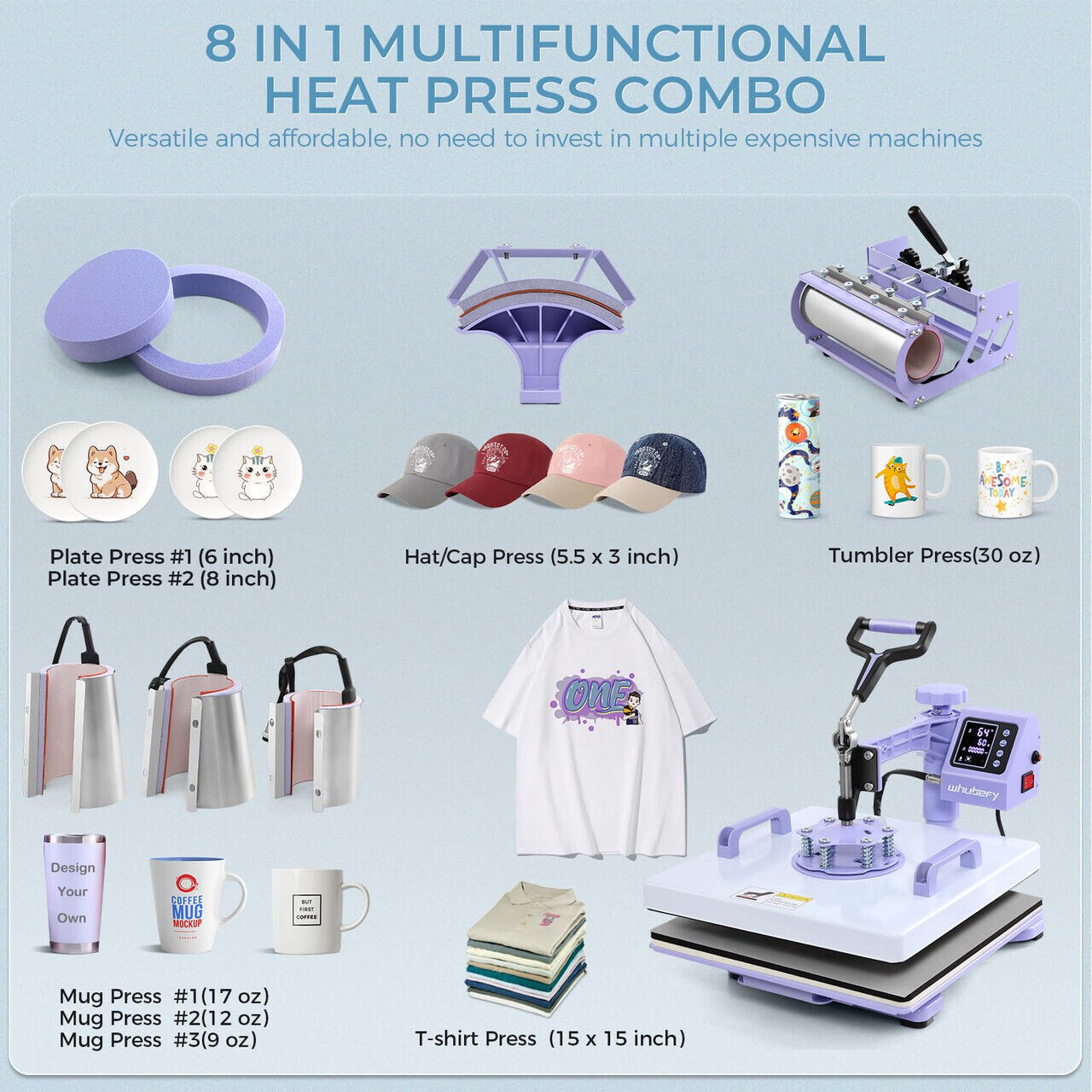 WHUBEFY Heat Press,8 in 1 Tshirt Printing Machine 15"x12" Digital Industrial Heat Transfer Machine,Sublimation Heat Press Machine for T Shirts/Mug/Cap/Plate/DIY (8 in 1 Heat Press(Purple))