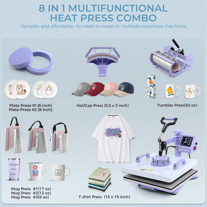 WHUBEFY Heat Press,8 in 1 Tshirt Printing Machine 15"x12" Digital Industrial Heat Transfer Machine,Sublimation Heat Press Machine for T Shirts/Mug/Cap/Plate/DIY (8 in 1 Heat Press(Purple))