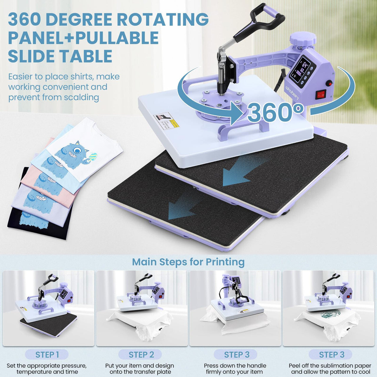 WHUBEFY Heat Press,8 in 1 Tshirt Printing Machine 15"x12" Digital Industrial Heat Transfer Machine,Sublimation Heat Press Machine for T Shirts/Mug/Cap/Plate/DIY (8 in 1 Heat Press(Purple))