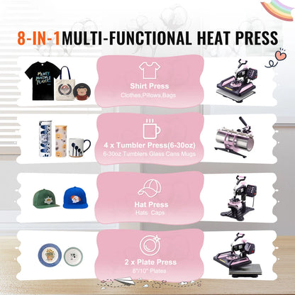 Heat Press Machine 12x15 inch 30oz Tumbler Press T-Shirts Black+Pink