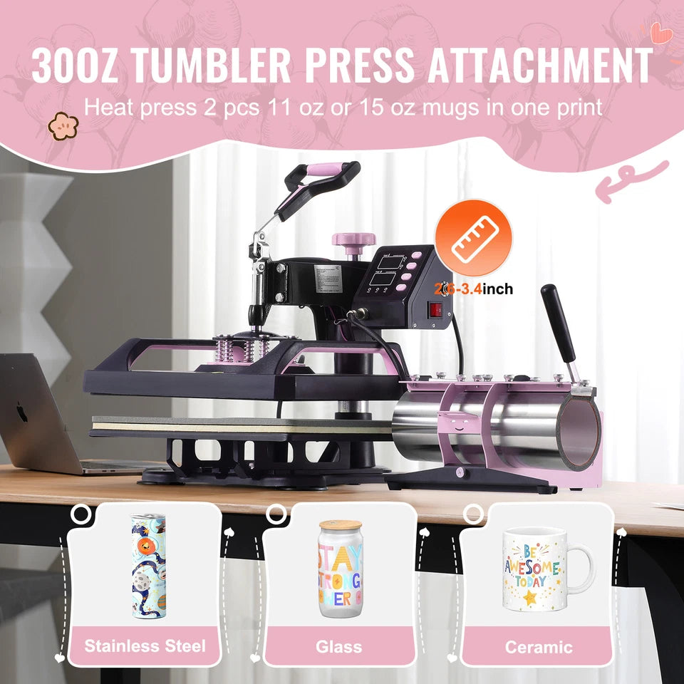 Heat Press Machine 12x15 inch 30oz Tumbler Press T-Shirts Black+Pink