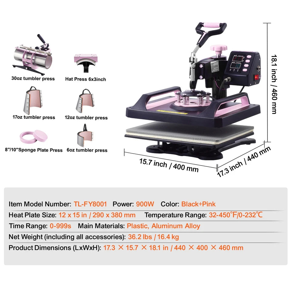 Heat Press Machine 12x15 inch 30oz Tumbler Press T-Shirts Black+Pink