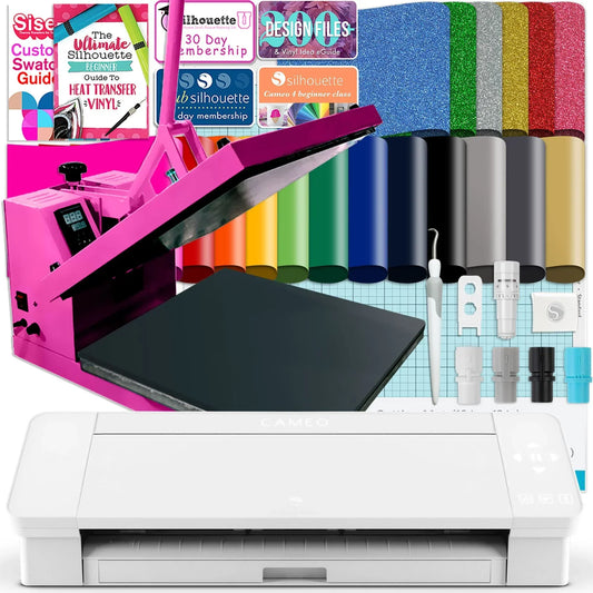 Silhouette White Cameo 4 w/ Swing Design 15" x 15" Pink Heat Press Bundle